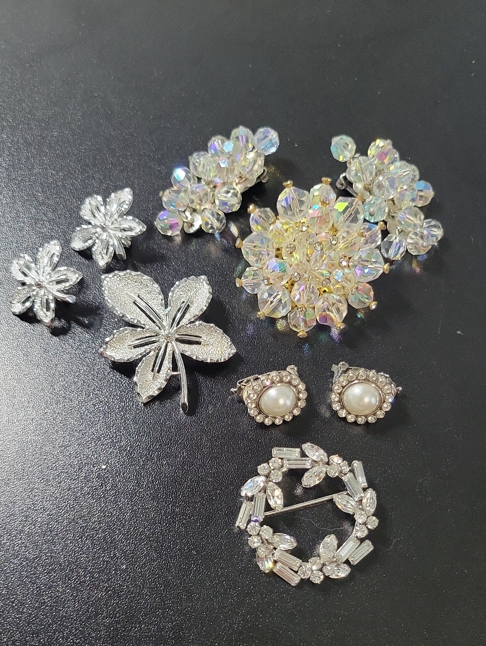 Crystal Floral Brooch Lot and Earring Lot